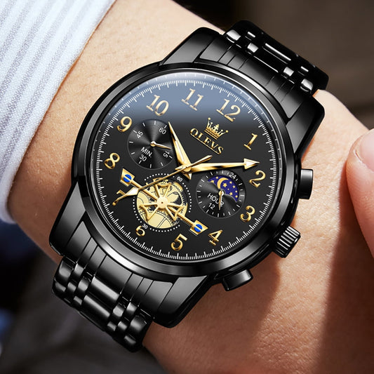 Classic Luxury Analog Watch for Men with Date - Waterproof Two-Tone Stainless Steel Wristwatch in Gold, Black, and Blue with Luminous Features