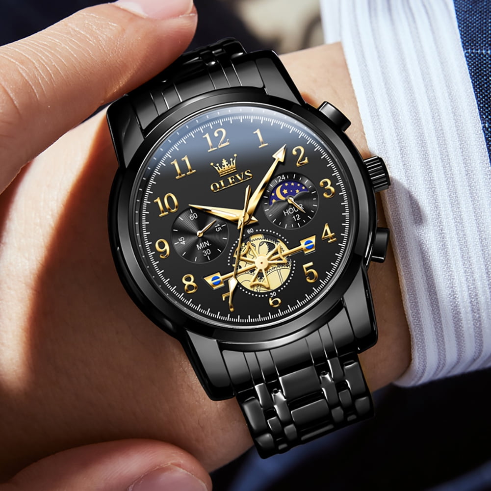 Classic Luxury Analog Watch for Men with Date - Waterproof Two-Tone Stainless Steel Wristwatch in Gold, Black, and Blue with Luminous Features