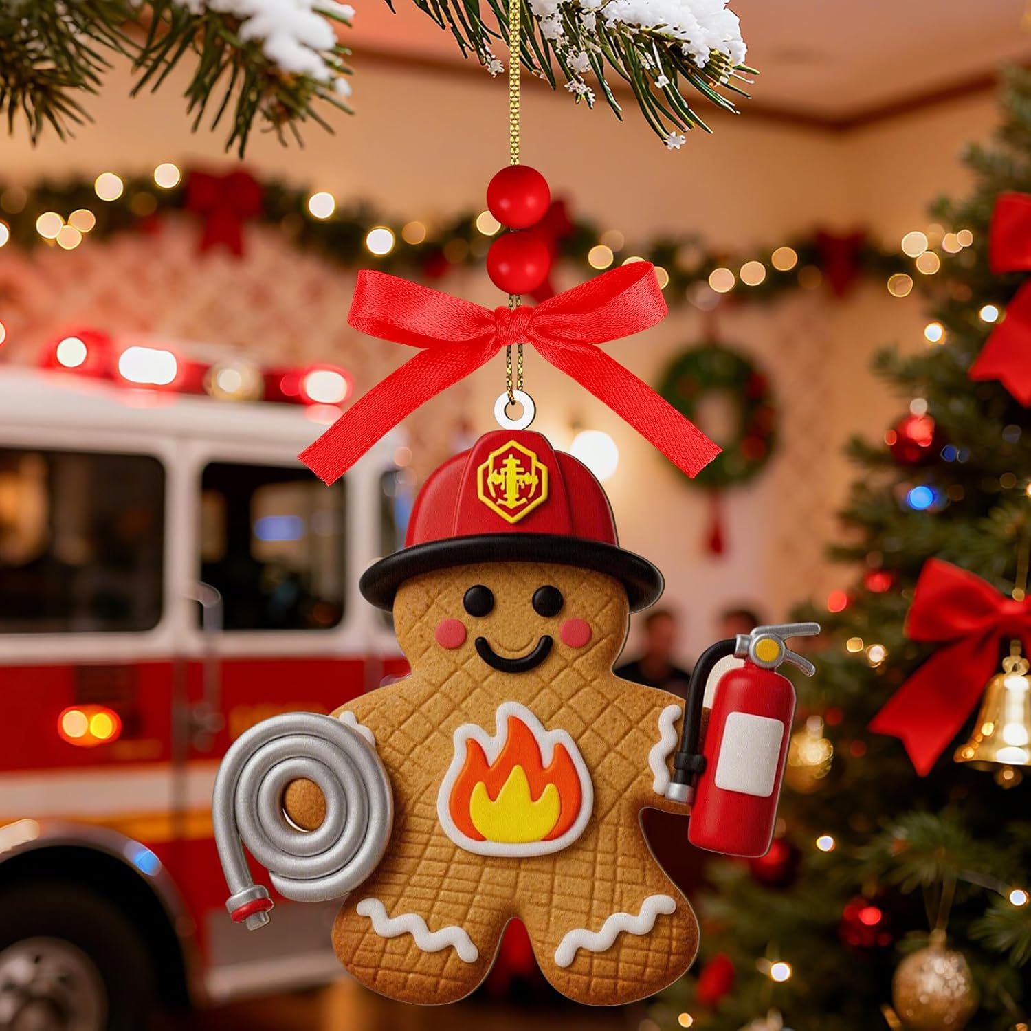 Gingerbread Man Firefighter Ornaments for Christmas Tree Gingerbread Fireman Wooden Christmas Ornament