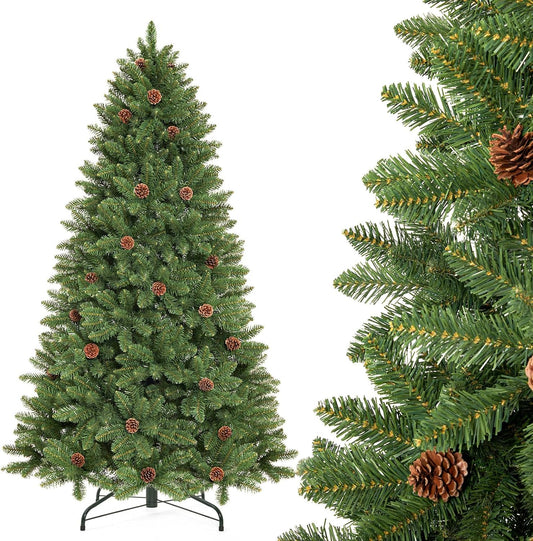 6FT Artificial Christmas Tree: Unlit Green Xmas Pine with Pinecones and Metal Stand for Indoor - Holiday Decoration for Porch Living Room Easy Assembly