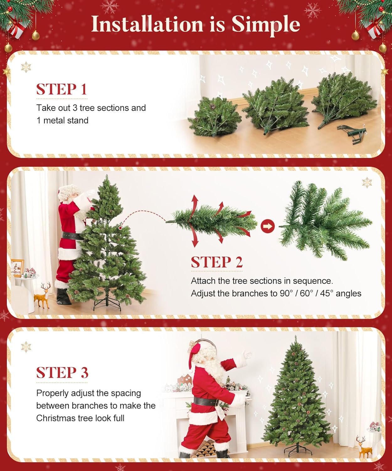 6FT Artificial Christmas Tree: Unlit Green Xmas Pine with Pinecones and Metal Stand for Indoor - Holiday Decoration for Porch Living Room Easy Assembly