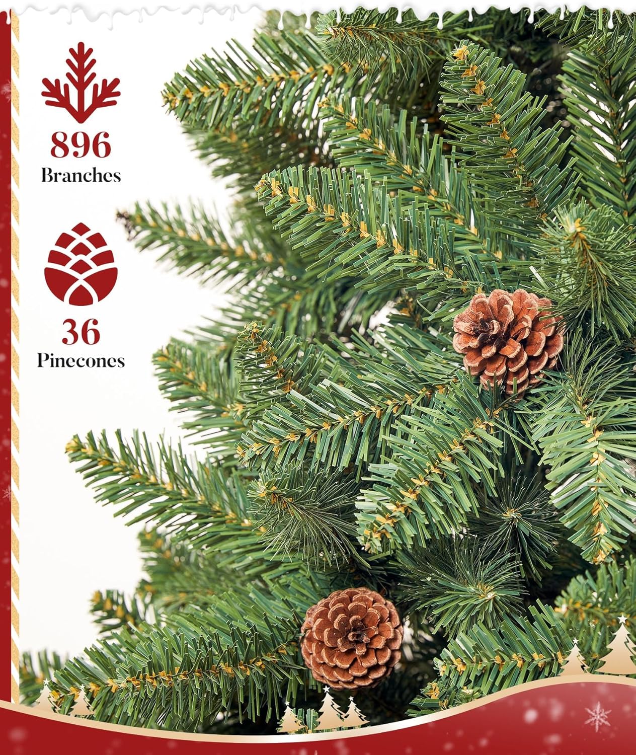6FT Artificial Christmas Tree: Unlit Green Xmas Pine with Pinecones and Metal Stand for Indoor - Holiday Decoration for Porch Living Room Easy Assembly