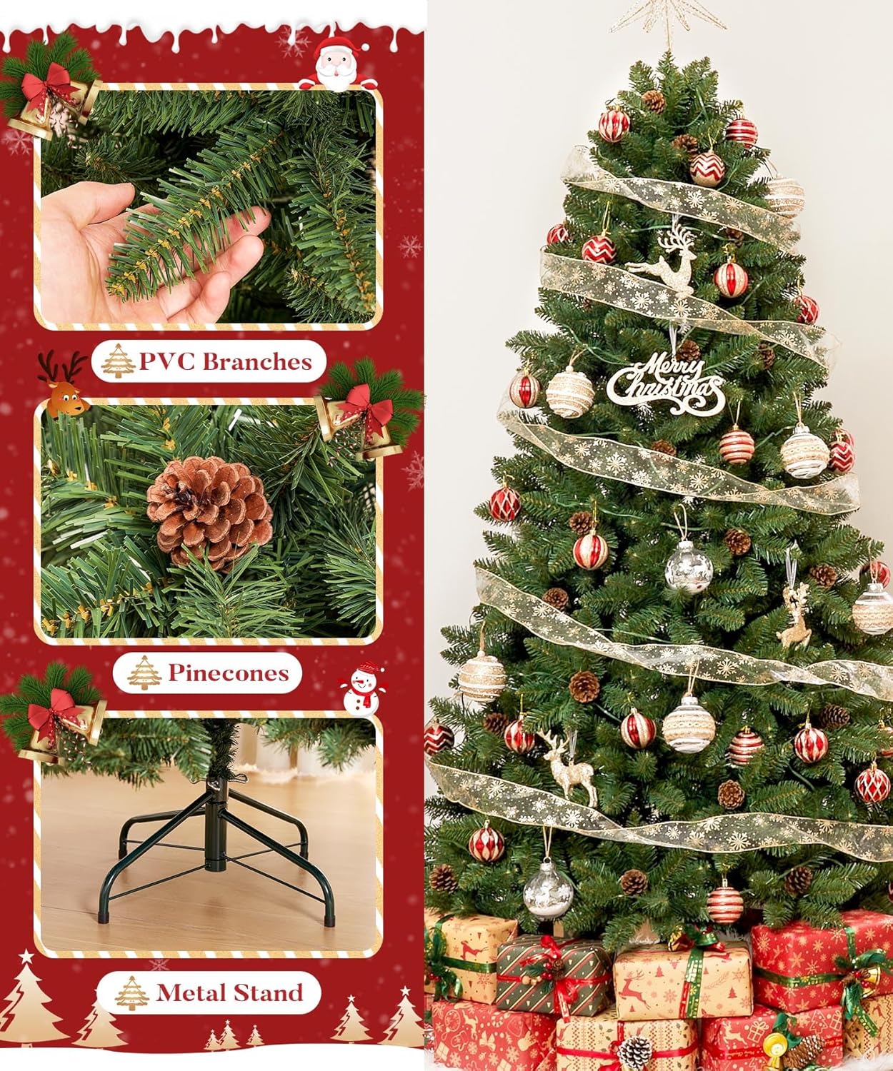6FT Artificial Christmas Tree: Unlit Green Xmas Pine with Pinecones and Metal Stand for Indoor - Holiday Decoration for Porch Living Room Easy Assembly