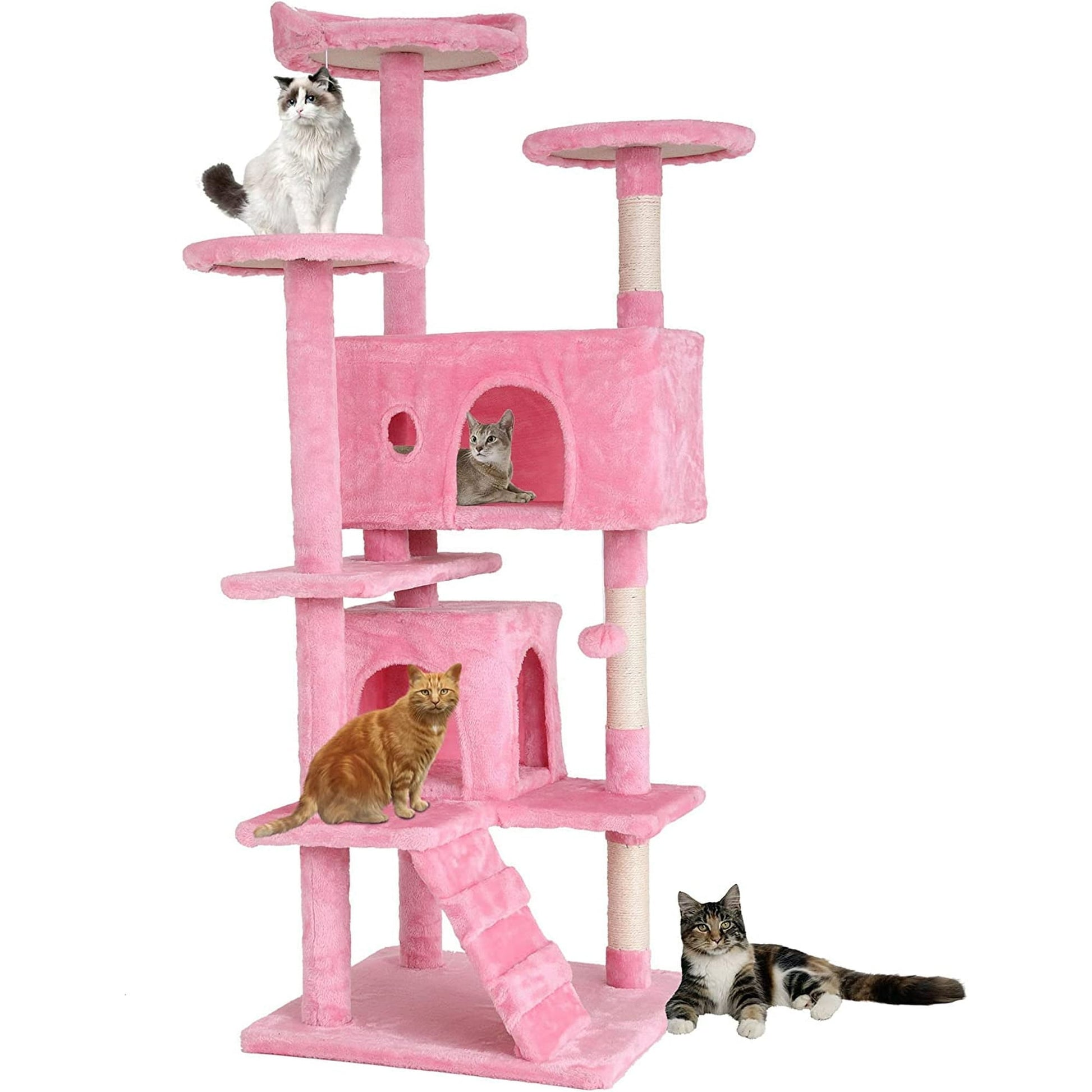 54-Inch Kitten Activity House with Cat Scratching Posts and Playful Toys in Pink