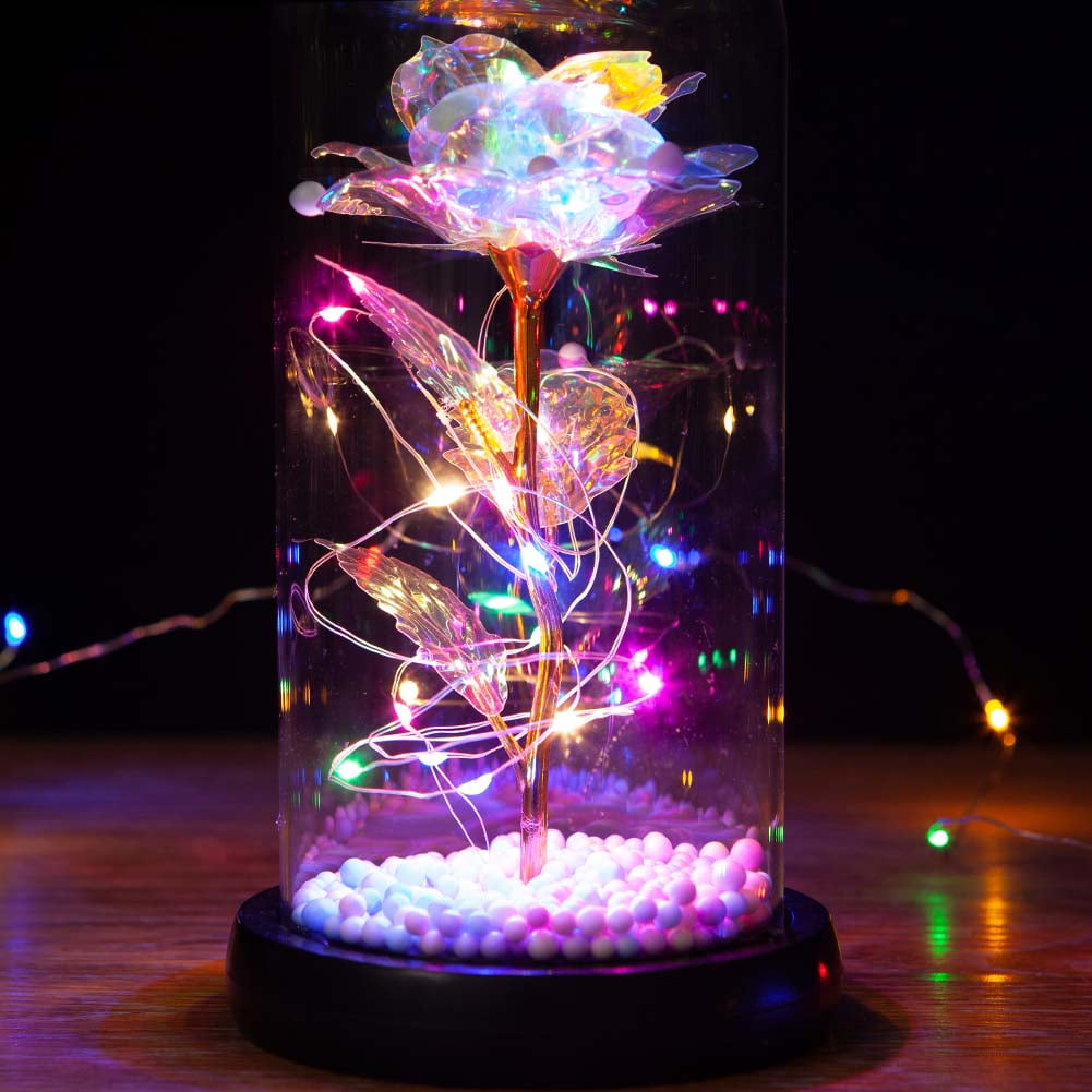 Valentines Day Gift  Galaxy Rose Flowers Forever Enchanted Rose with Colorful LED Light in Glass Dome for Romantic Gifts