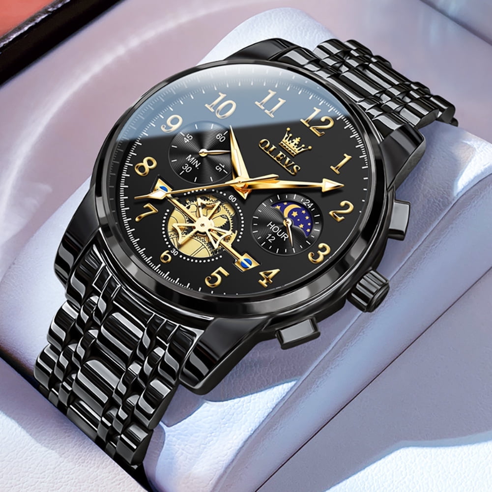 Classic Luxury Analog Watch for Men with Date - Waterproof Two-Tone Stainless Steel Wristwatch in Gold, Black, and Blue with Luminous Features