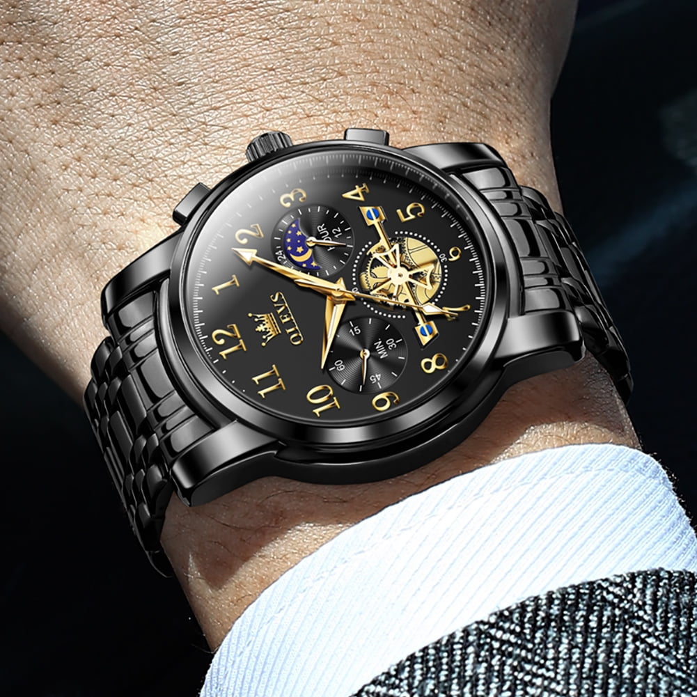 Classic Luxury Analog Watch for Men with Date - Waterproof Two-Tone Stainless Steel Wristwatch in Gold, Black, and Blue with Luminous Features