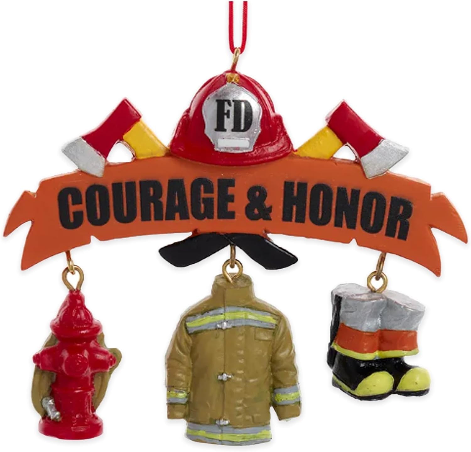 Classic Firefighter Decorative Dangle Holiday White and Red 4 X 4 Resin Ornament with Hanger Loop