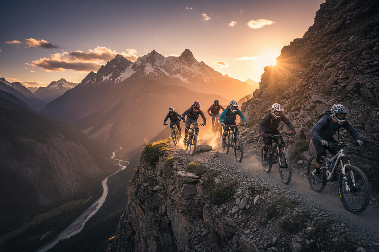 cinematic shot of mountain biker group on extreme mountain road