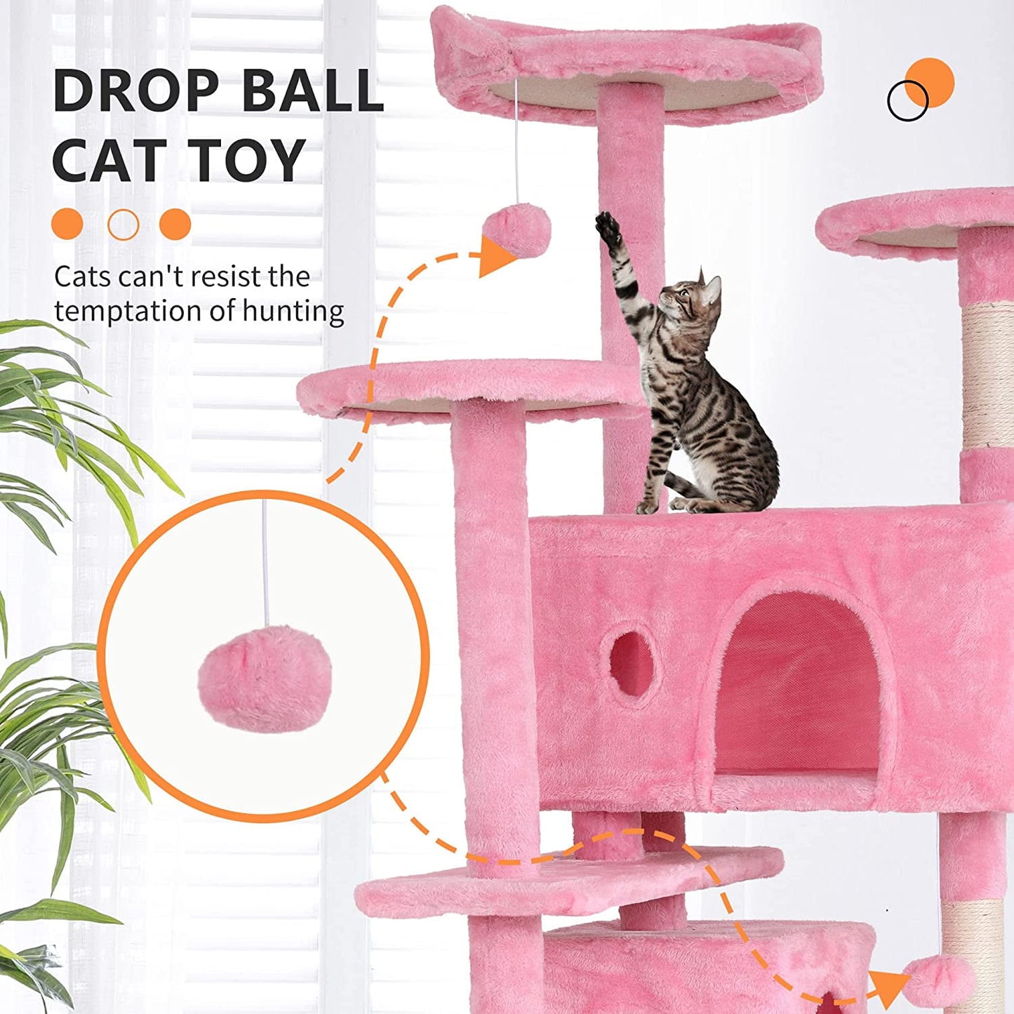 54-Inch Kitten Activity House with Cat Scratching Posts and Playful Toys in Pink