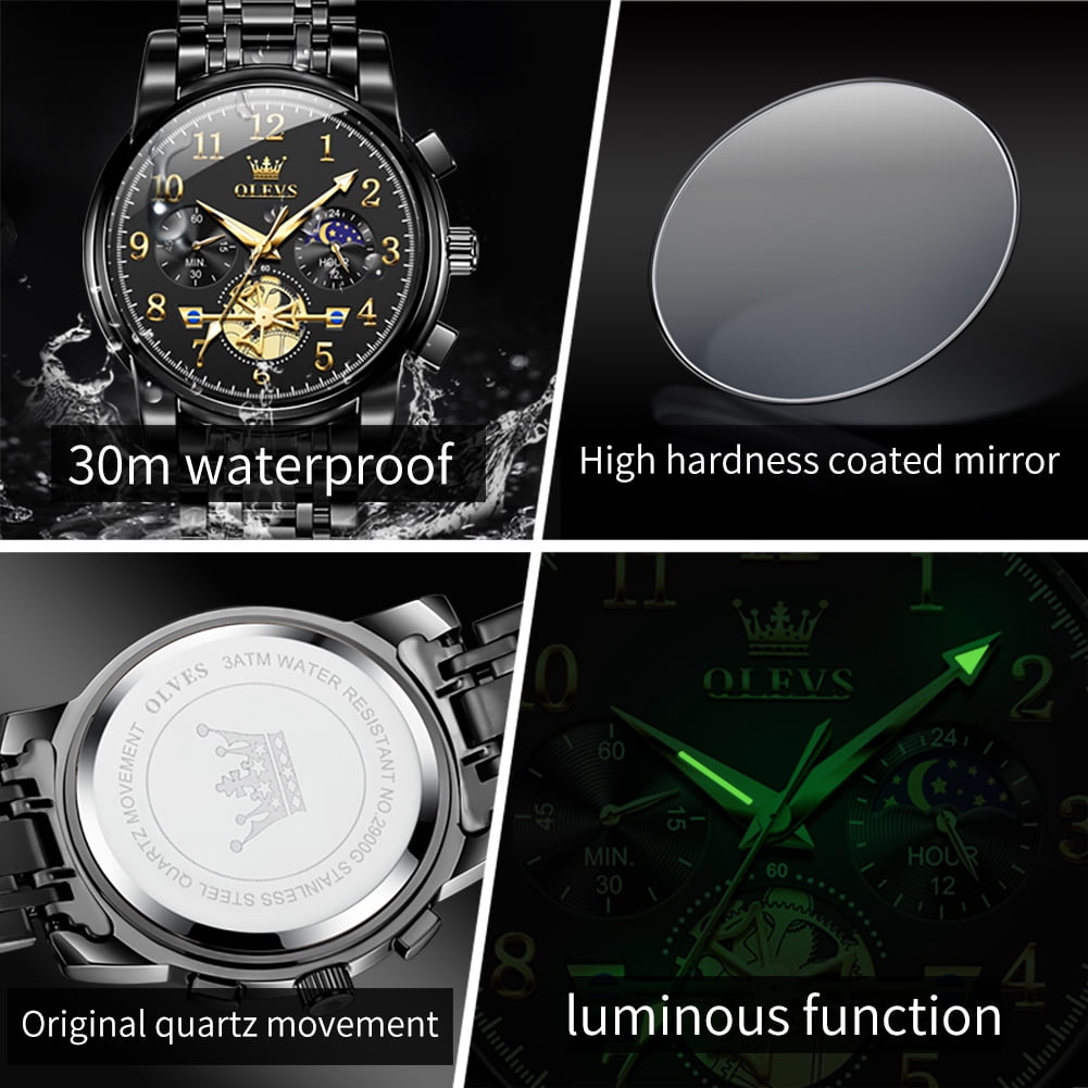 Classic Luxury Analog Watch for Men with Date - Waterproof Two-Tone Stainless Steel Wristwatch in Gold, Black, and Blue with Luminous Features