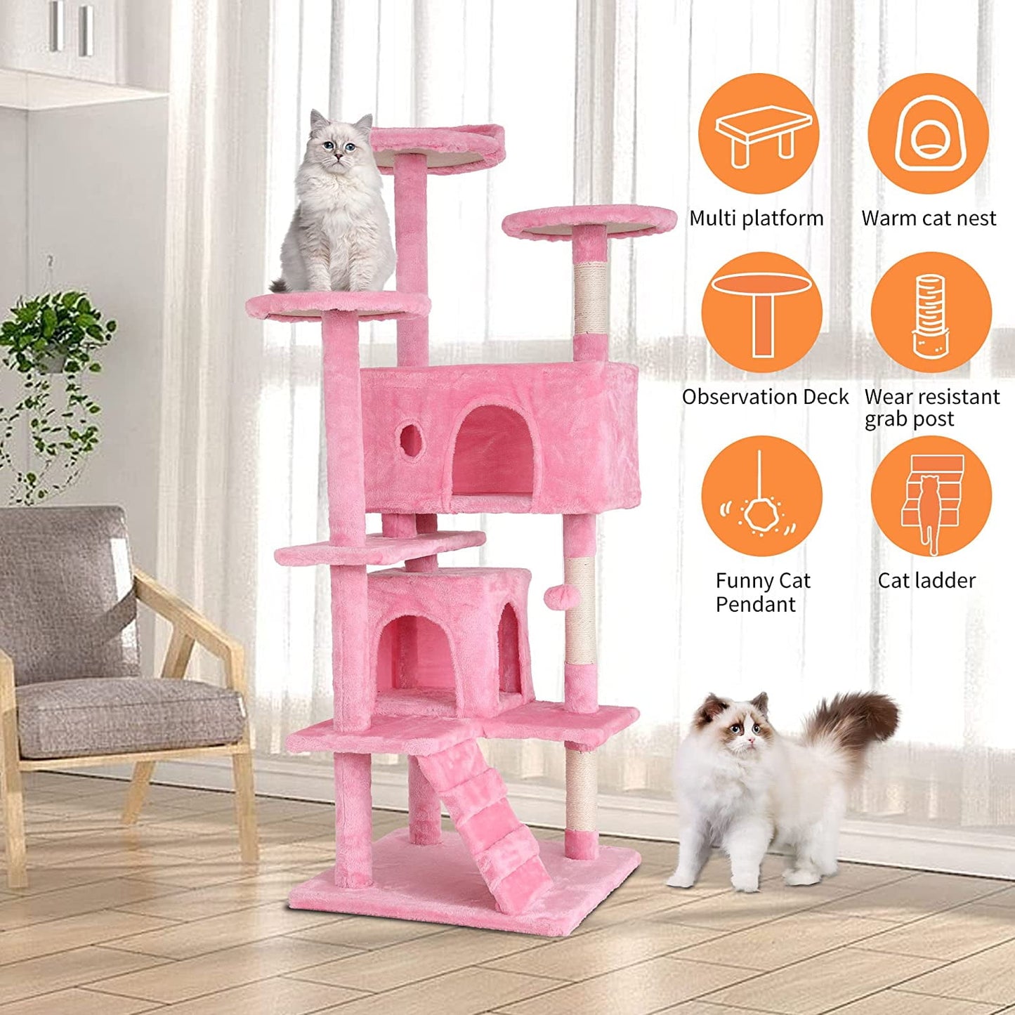 54-Inch Kitten Activity House with Cat Scratching Posts and Playful Toys in Pink