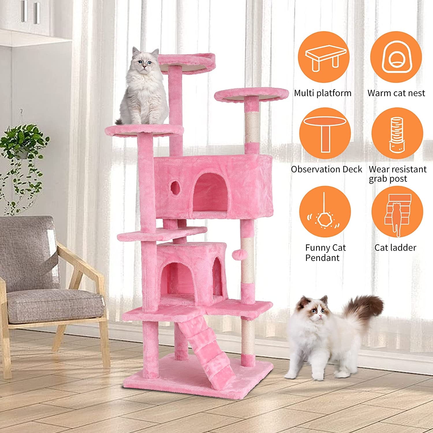 54-Inch Kitten Activity House with Cat Scratching Posts and Playful Toys in Pink