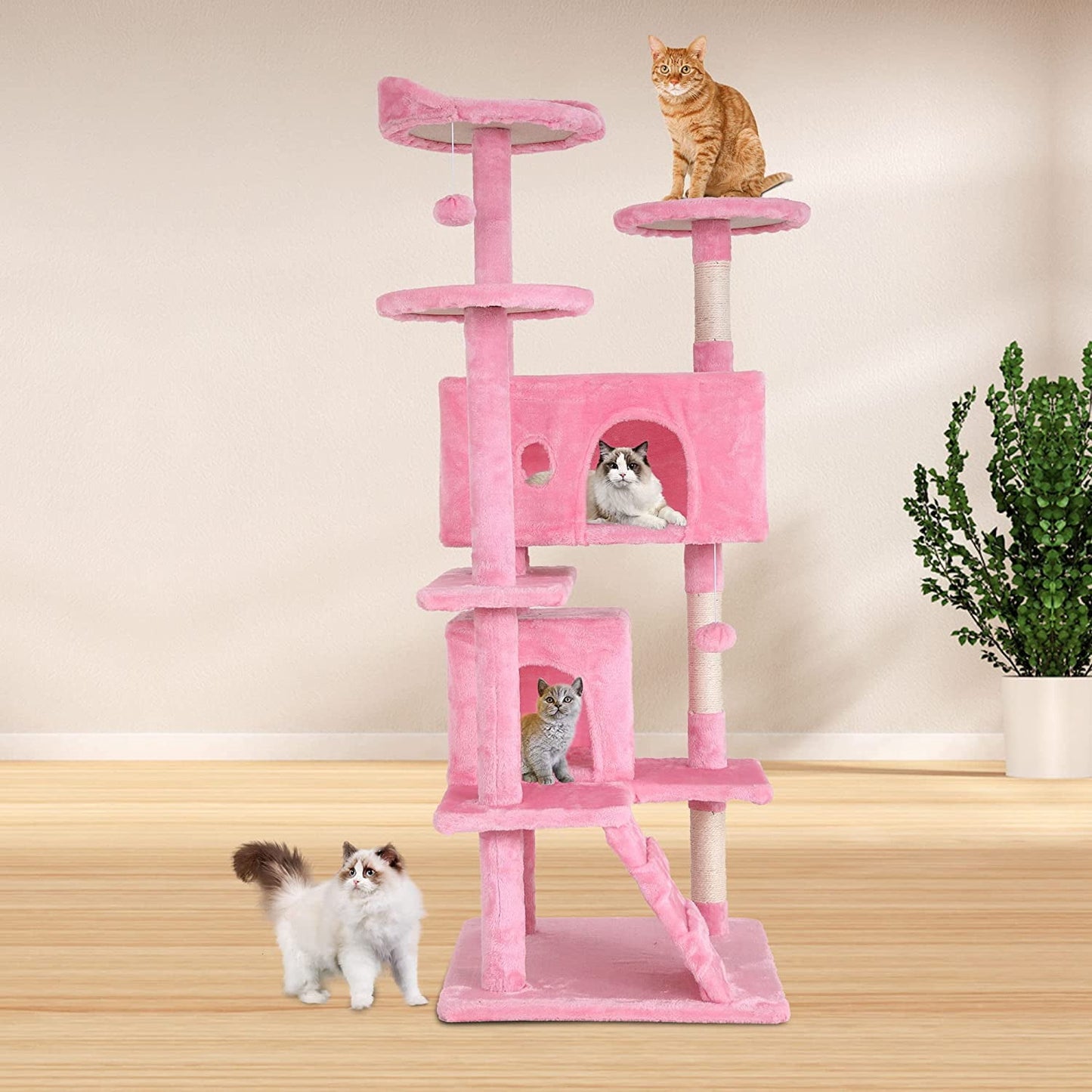 54-Inch Kitten Activity House with Cat Scratching Posts and Playful Toys in Pink