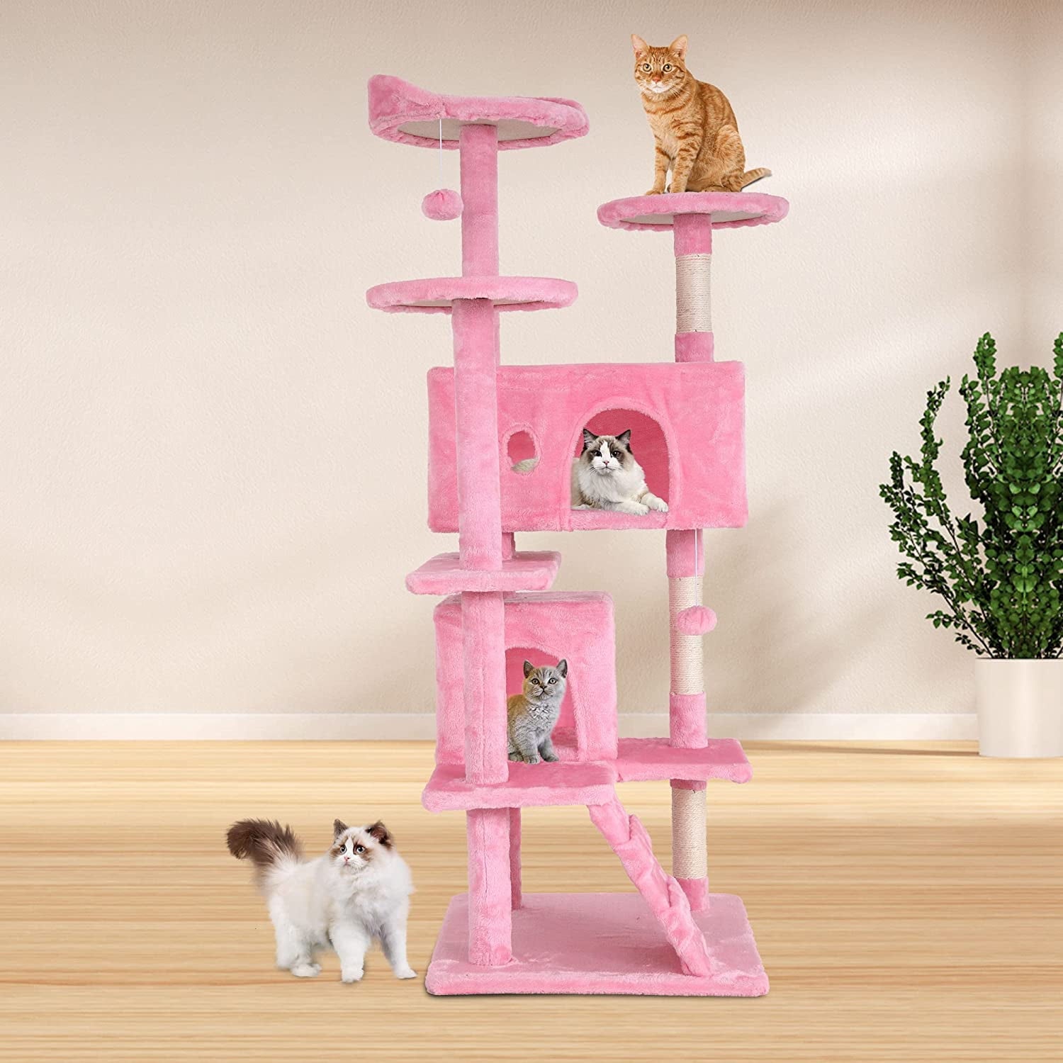54-Inch Kitten Activity House with Cat Scratching Posts and Playful Toys in Pink